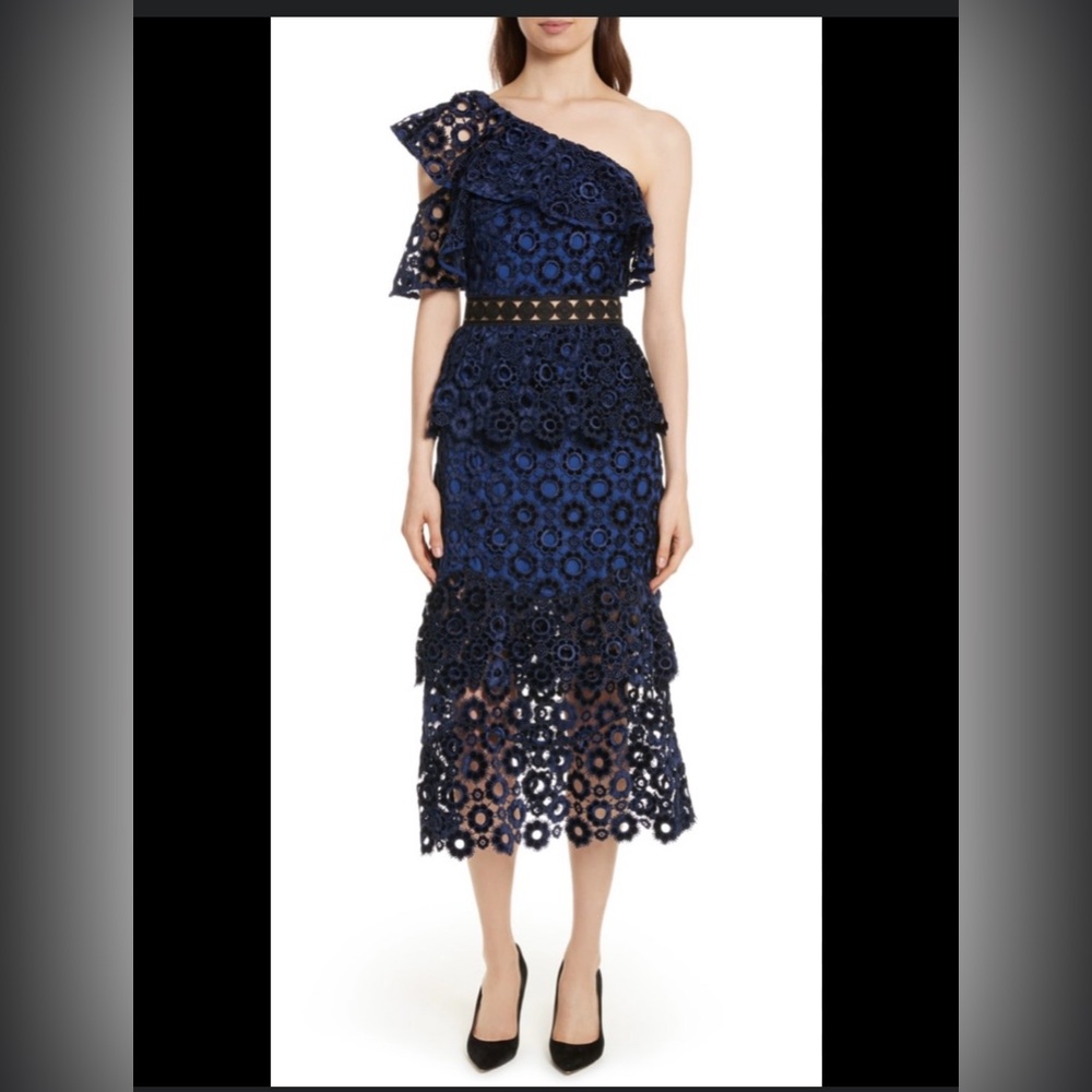 Self-Portrait Navy Floral Lace One-Shoulder Dress
